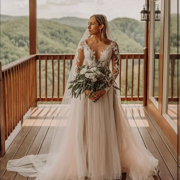 sheer beaded bodice lace wedding dress galina signature Galina Signature by David's Bridal Wedding Dresses